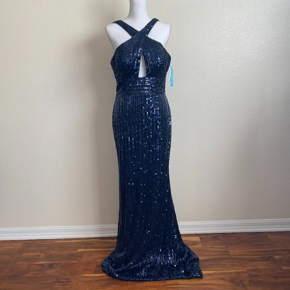 Camille La Vie gown NEW + Tag blue navy all sequins glitter crystals criss cross